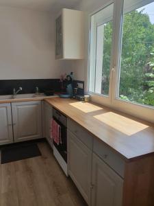 een keuken met een aanrecht, een wastafel en een raam bij Appartement F4 Le Milena in Saint-Paul-et-Valmalle