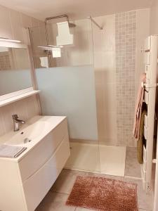 baño blanco con ducha y lavamanos en Appartement indépendant avec jardin et accès piscine, en Nimes