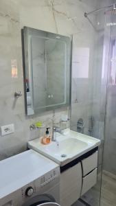 La salle de bains est pourvue d'un lavabo, d'un miroir et d'une douche. dans l'établissement Flavio Apartament Comfort, à Pogradec