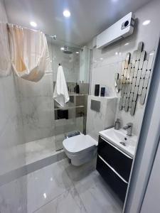 La salle de bains est pourvue de toilettes, d'une douche et d'un lavabo. dans l'établissement Maison Appartement Triplex avec jacuzzi et sauna, à Saint-Étienne