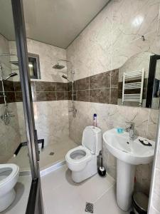 La salle de bains est pourvue de toilettes et d'un lavabo. dans l'établissement Bakuriani - Happy Yard, à Bakuriani