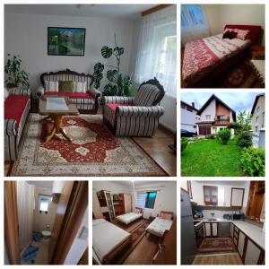 een collage van vier foto's van een woonkamer bij APARTMAN ILIDZA- KUCA DVA SPRATA in Ilidza