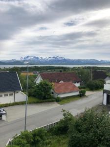 a street with houses and mountains in the distance at Bamse in Bodø