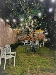 a table and chairs under a tree with lights at Esplús Casa Rural in Binéfar