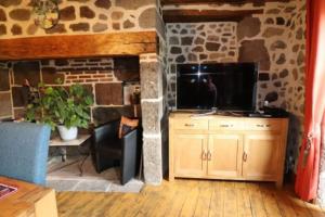 een keuken met een tv en een stenen muur bij AUX VALLONS MELODIEUX in Thiézac