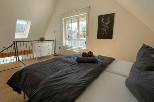 um quarto com uma cama grande e uma janela em Shine Apartment Wackersdorf II em Wackersdorf