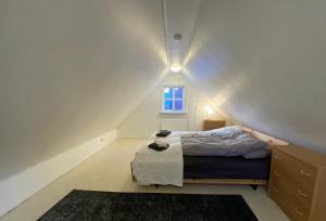 1 dormitorio con cama y ventana en el ático en Day Dream Mjostraeti 10a, en Reikiavik