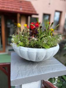 una ciotola di pietra piena di fiori seduta su un tavolo di Pensiunea Sandra a Ocna Şugatag