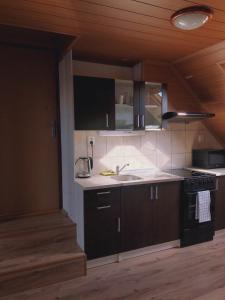 a kitchen with black cabinets and a sink and a stove at Podkrovní byt Bobrová 