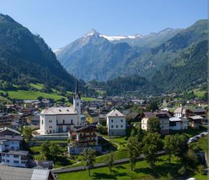 a small town in a valley with mountains in the background at Apartment Alpinflair 1 in Kaprun