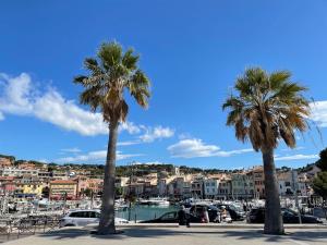three palm trees in front of a marina at Villa Grand Cèdre in Marseille