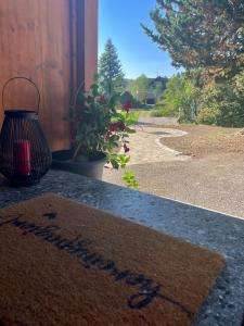 a welcome mat sitting on a counter next to a house at Haus Mali in Heiligenberg