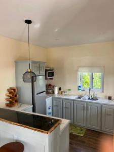 a kitchen with white cabinets and a refrigerator at Kaye Devo in Choiseul