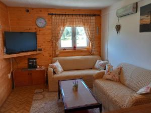 a living room with two couches and a television at Green cottage in Blidinje