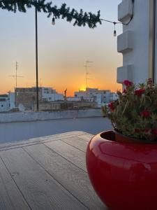 eine rote Vase mit einer Pflanze auf einem Balkon mit Blick auf den Sonnenuntergang in der Unterkunft Jarubed in Alberobello