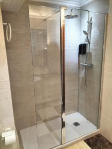 a shower with a glass door in a bathroom at Piso Centro María Aire-Wifi in Elche