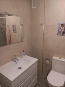 a bathroom with a sink and a toilet and a mirror at CASA ESQUILAS in Ávila