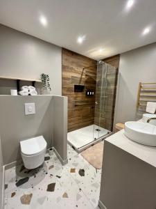 een badkamer met een toilet, een wastafel en een douche bij Au cœur de Hyeres, Idéal pour les couples ! in Hyères
