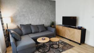 uma sala de estar com um sofá e uma televisão de ecrã plano em Mieszkanie Centrum em Zakopane