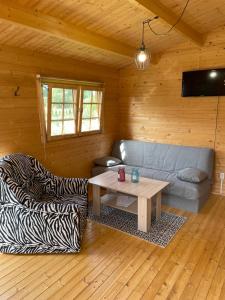a living room with a couch and a table at Villa de Alvydo Anykščiuose in Anykščiai