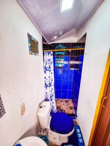 a bathroom with a blue tiled shower and a toilet at Posada Hostel Adri in Providencia