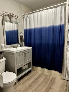 baño con aseo y cortina de ducha azul en Cozy & Spacious in Irving Park, en Chicago