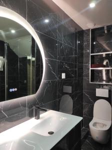 La salle de bains est pourvue d'un lavabo, d'un miroir et de toilettes. dans l'établissement Maison élégante et spacieuse, à Écouen