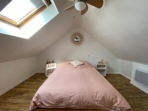 a bedroom with a pink bed in a attic at Sweet Abreuvoir in Saint-Germain-en-Laye