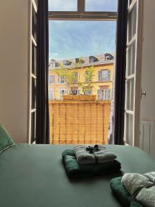 a bedroom with a bed with a window and towels at Aux Arcades Mulhouse Hyper Centre in Mulhouse
