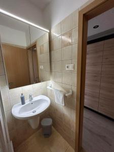 a bathroom with a sink and a mirror at Dani Wellness Apartman in Zalakaros