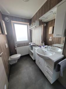 a bathroom with a sink and a toilet and a mirror at Penthouse-Apartment AM KORNFELD in Lünen +12 photos