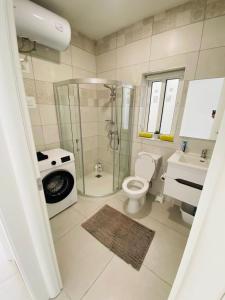 a bathroom with a shower and a toilet and a sink at Sunquest court in St Paul's Bay