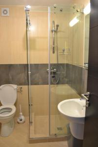 een badkamer met een douche, een toilet en een wastafel bij Sweet Apartment in Belgrado