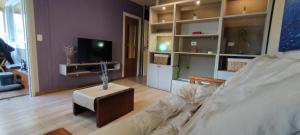 a living room with a couch and a tv at Girasoles de Valdes in Puerto Pirámides