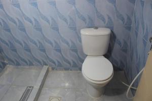 a bathroom with a white toilet in a blue wall at Anas Hostel in Wadi Musa