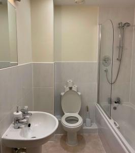 uma casa de banho com um WC, um lavatório e um chuveiro em 2 bedroom apartment city centre Birmingham em Birmingham