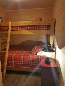 Muskoka Shores Cottages في ميناء كارلينج: غرفة نوم مع سريرين بطابقين في كابينة