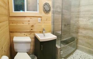 a bathroom with a toilet and a sink and a shower at Muskoka Shores Cottages in Port Carling