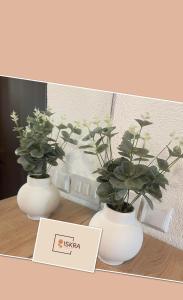 two white vases with plants in them on a table at Studio apartman Iskra, self check IN-OUT in Županja