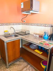 encimera de cocina con fregadero y microondas en Kicker House, en Puerto Baquerizo Moreno