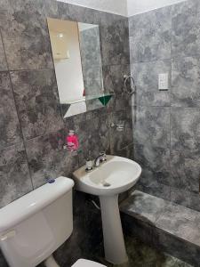 a bathroom with a sink and a toilet and a mirror at Cabañas Llitulun in Alpa Corral