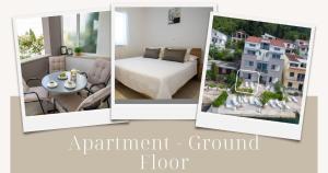 a collage of photos of a room with a bed and a room with at Apartment Antun - Adriatic coast retreat in Blace
