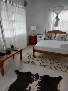 Micoud的住宿－Selen's Apartment in Ti Rocher Micoud Saint Lucia，一间卧室配有一张床、一张桌子和一张四柱床。