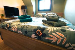 1 dormitorio con 1 cama con toallas en Green cosy, en Louviers