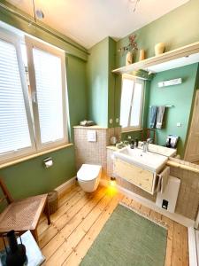 a bathroom with green walls and a toilet and a sink at Historisches Apartment Minimalus in Sankt Goar