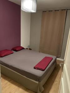 1 cama con 2 almohadas rojas en una habitación en APPARTEMENT CHEZ TRICIA, en Thorigny-sur-Marne