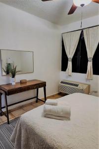 um quarto com uma cama, uma mesa e um espelho em Rincon Retreat,- Close to beach/ Ocean Front em Corcega