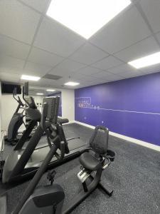 a gym with tread machines and a purple wall at Holiday Inn Express Hotel & Suites Hiawassee, an IHG Hotel in Hiawassee