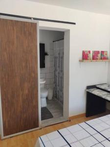 a bathroom with a toilet and a sliding door at Acogedor Apartaestudio Santa Fe in Medellín