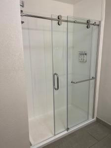 a shower with a glass door in a bathroom at Holiday Inn Express Hotel & Suites Hiawassee, an IHG Hotel in Hiawassee